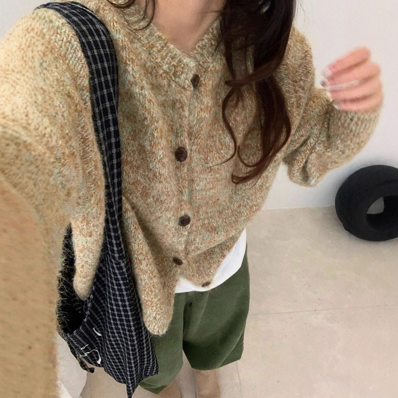 韩系简约花纱杂色毛衣开衫女2025秋冬新款休闲加厚圆领针织衫外套|undefined