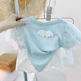 M·H夏季童装新款女童短袖T恤女宝宝棉上衣翅膀泡泡袖儿童公主半