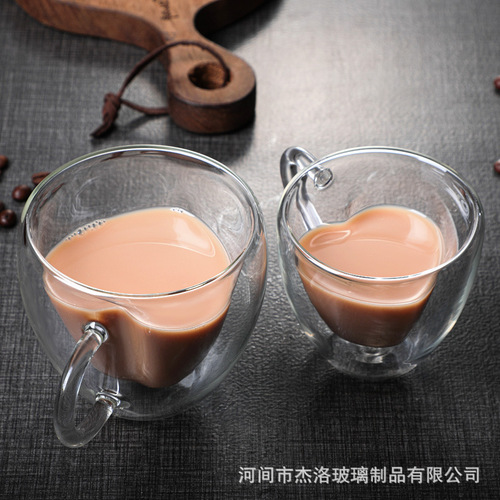 Creative glass double-layer cup with handle, love heart-shaped juice cup, heat-resistant small tea cup, insulated coffee cup with handle