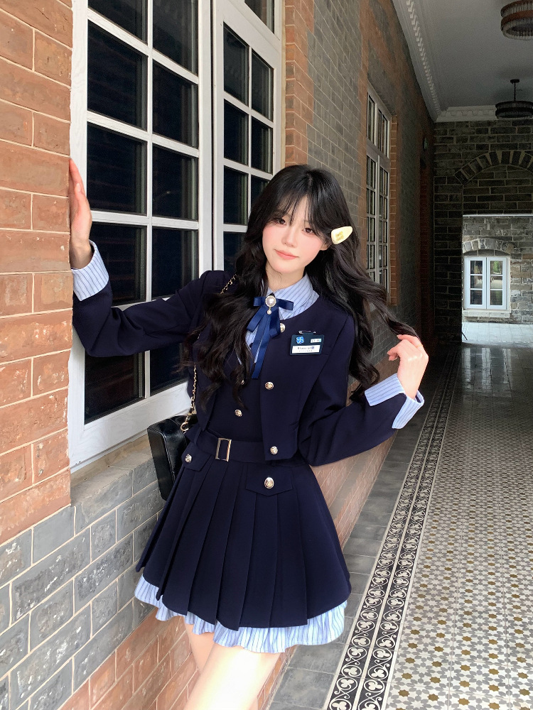 Los College Japanese Style Sweet Jk Uniform Fake Two-Piece Pleated Dress Suit Jacket Preppy Style Suit Spring