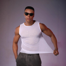 跨境欧美简约男装音乐节派对背心男银丝细闪上衣夜店派对透视上衣