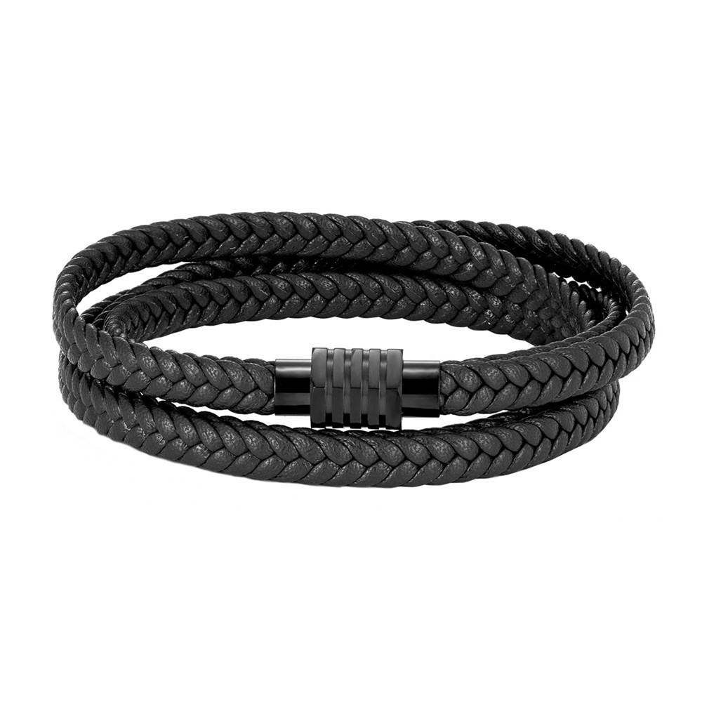 Source manufacturers fashion Joker woven black brown leather bracelet men's stainless steel bracelet in stock wholesale