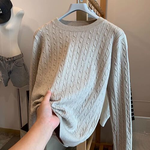 Twist sweater for women's autumn and winter soft waxy waxy all-match apricot round collar loose pullover Korean lazy-style sweater