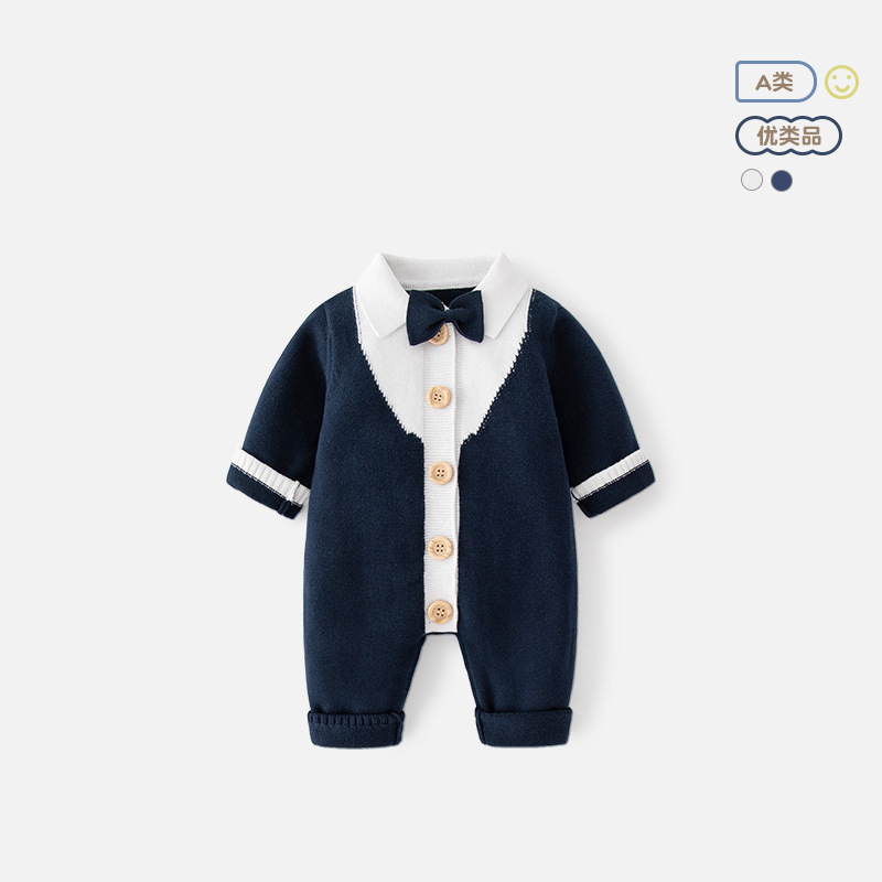 British Style Lapel Baby Jumpsuit Little Gentleman Pure Cotton Type a Baby Jumpsuit Spring & Fall Baby Outing Clothing
