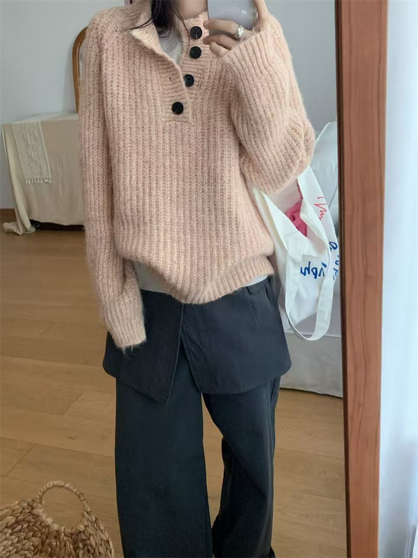 韩系软糯半开领毛衣女2025新款秋冬休闲宽松慵懒花风纱针织上衣潮|undefined