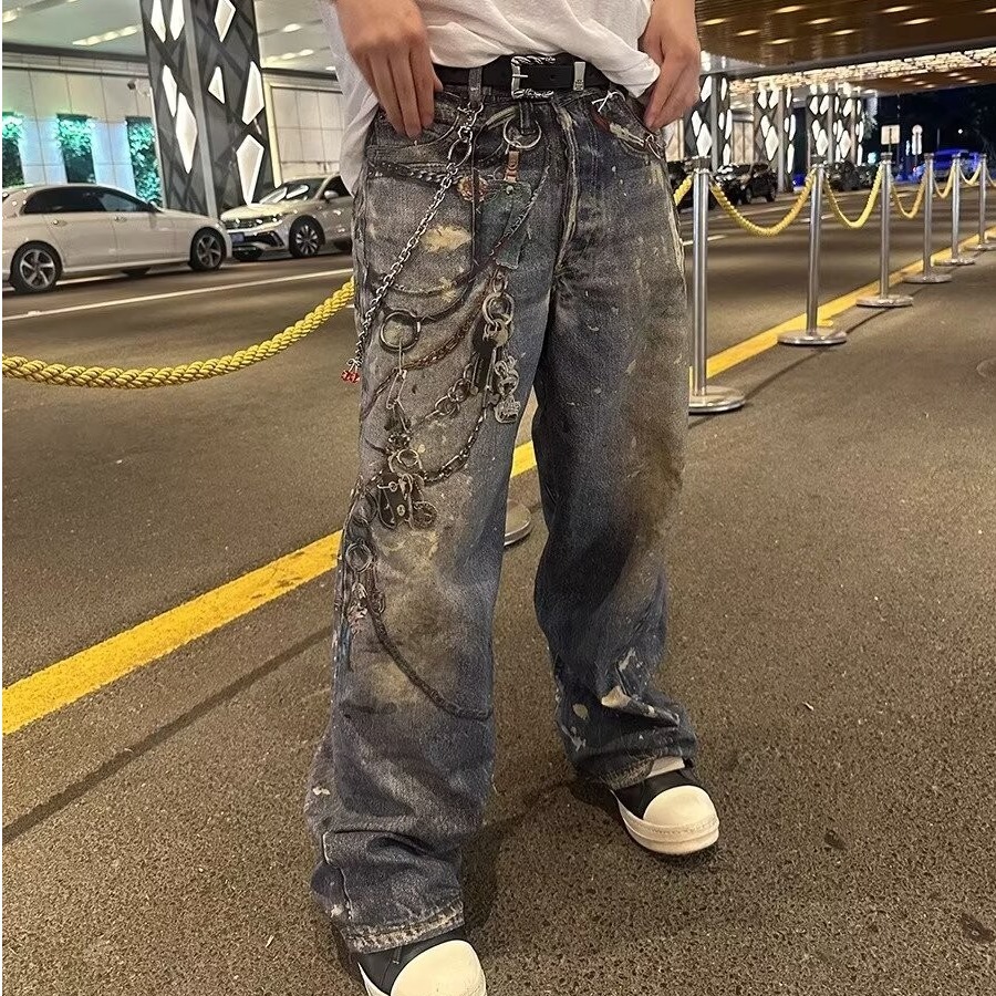 Σχεδιασμός ανδρικών ενδυμάτων, τρισδιάστατα εκτυπωμένα τζιν με αλυσίδα, ανδρικό φθινοπωρινό street style, άβατο στυλ, πιτσιλισμένο μελάνι σε φαρδιά μπατζάκια_voghion.com