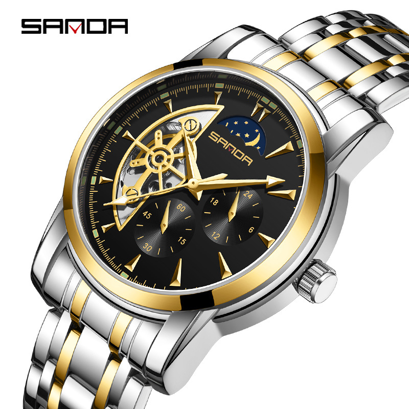 Sanda 7009 correa de acero para hombre reloj mecánico automático con 24 horas multifunción