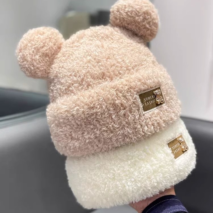 Invierno lindo oso de dibujos animados orejas sombrero de lana para mujeres japonesas cálidas peluche grueso protector de orejas sombrero de punto de estudiante