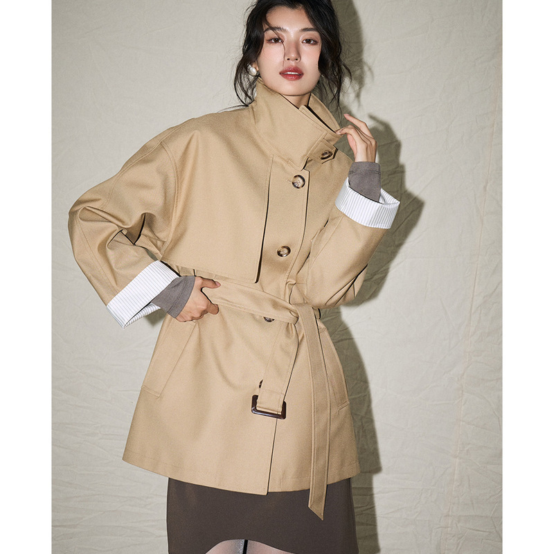 【Shengdu】26 Spring New Korean Style Casual Retro Versatile Stand Collar Petite Loose Mid-Length Trench Coat Jacket