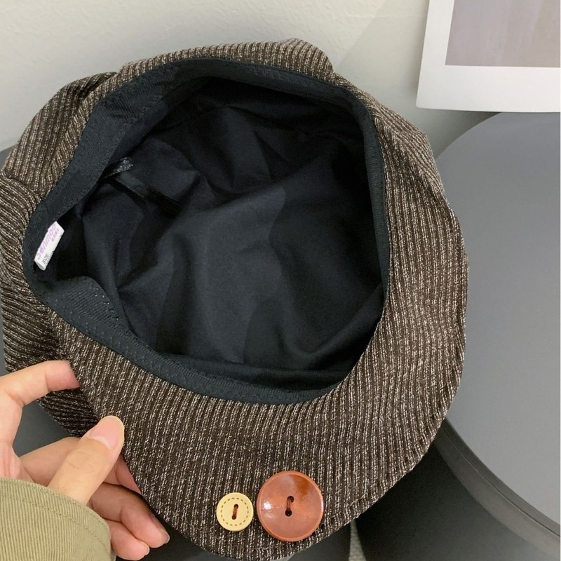 灯芯绒纽扣翻檐贝雷帽女春秋季美拉德大头围八角帽显脸小画家帽子|undefined