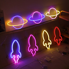 亞馬遜新款創意裝飾led火箭星球霓虹燈小夜燈造型燈掛式霓虹燈