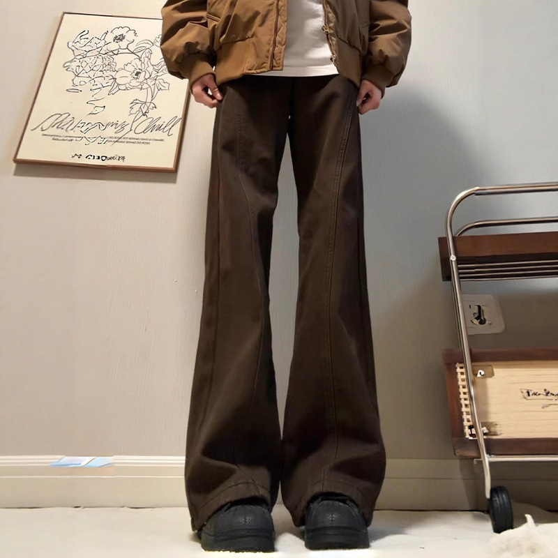 American Retro Coffee-Colored Cropped Jeans for Men, Winter American High Street Trendy Brand Curved Straight-Leg Pants with a Slight Flare