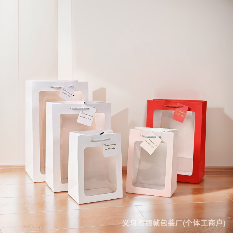 Valentine's Day Transparent Window Tote Bag Teacher's Day Flower Packaging Gift Bag Doll Souvenir Paper Bag Wholesale
