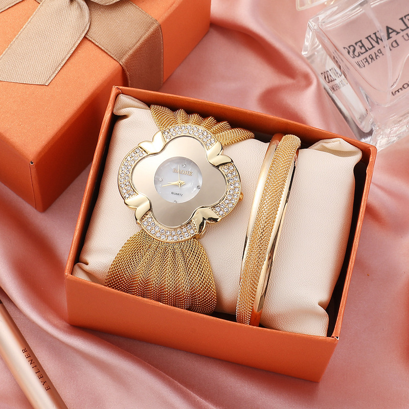 European and American fashion simple bracelet wrist watch 2-Piece Set bright diamond butterfly mesh belt quartz watch alloy bracelet gift box