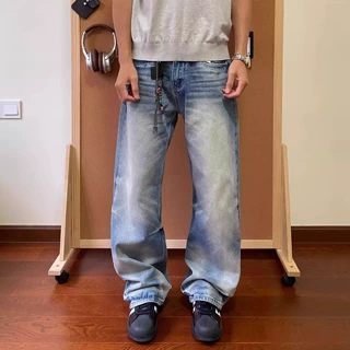 美式vibe高街复古猫须水洗做旧浅蓝色牛仔裤男女直筒裤