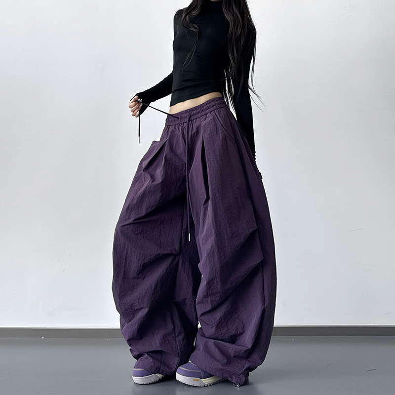 2025 Winter Thickened Street Style American Pocket Cargo Pants for Women Outdoor Hiking Purple Casual Parachute Wide-Leg Pants