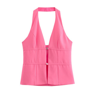 Foreign Trade 2024 Summer New Women's All-match Solid Color Neck V-neck Sleeveless Backless Buckle Vest Top