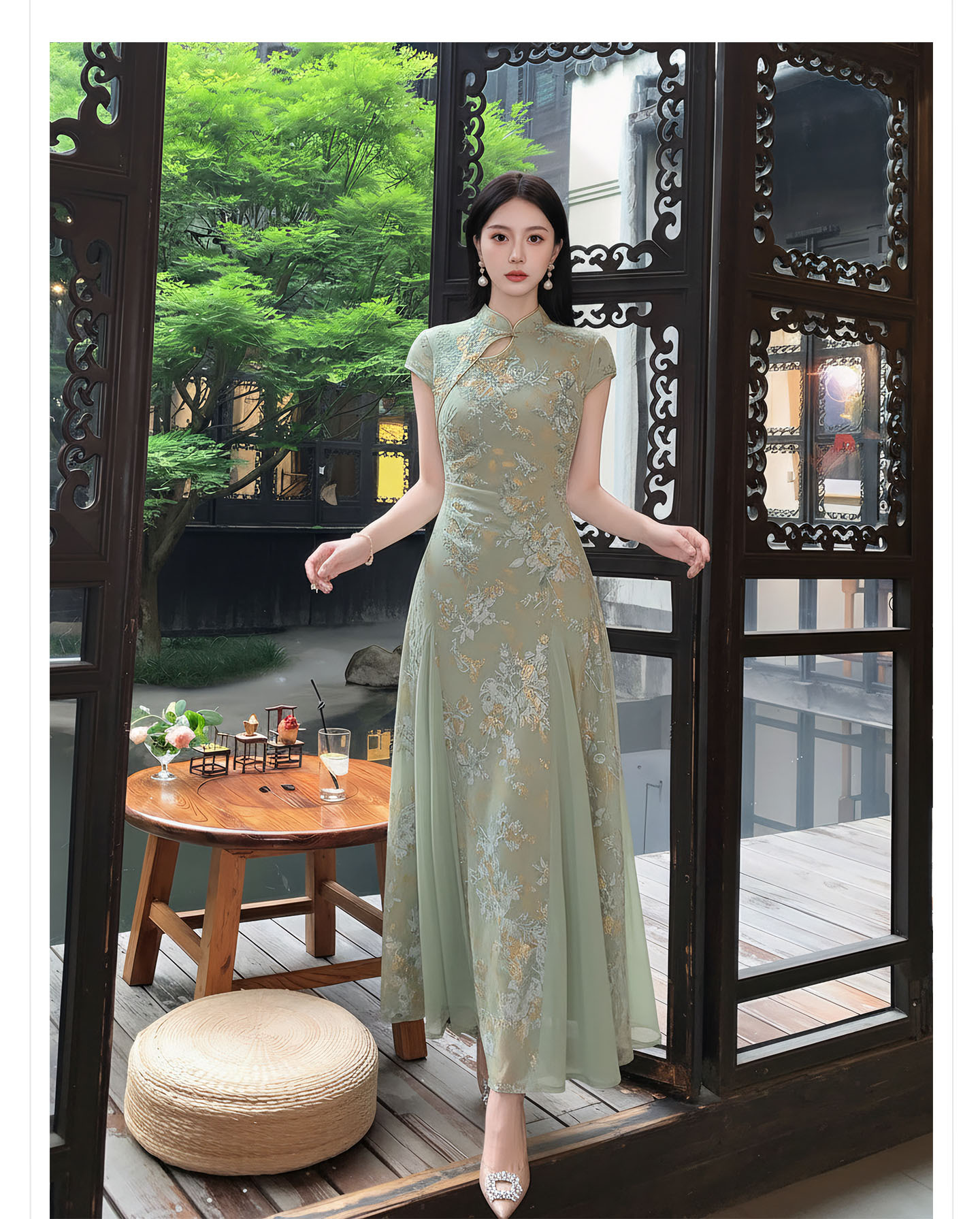 Đầm maxi nữ cổ đứng ren hoa thêu tay dài — Xanh lá cây nhạtcolor chi tiết 10