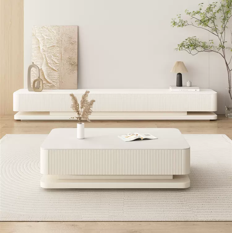 岩板电视柜茶几组合奶油风简约现代客厅家用小户型电视机柜落地柜