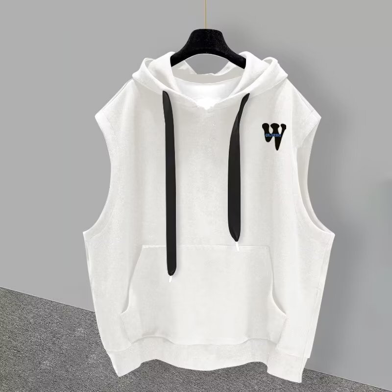 Cross-Border Trendy Brand Hooded Sleeveless T-Shirt for Men, Summer Fashion Letter Print Stylish Design Vest for Outerwear