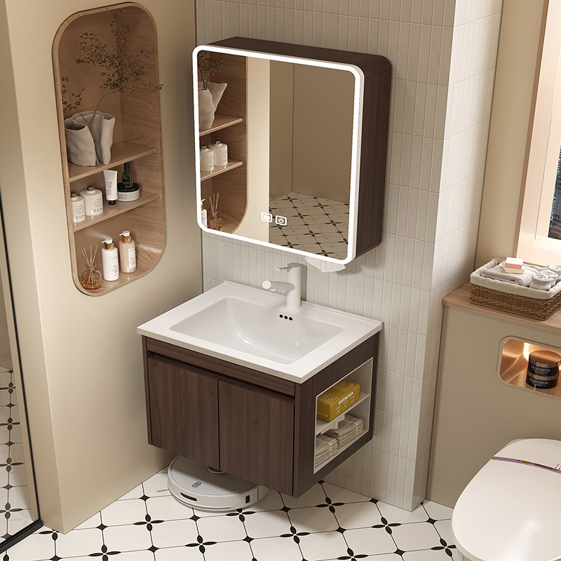 Small Walnut-Colored Mid-Century Style Bathroom Cabinet with Washbasin Ceramic Basin and Side Storage Vanity