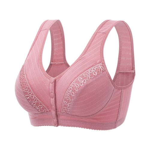New lace front button bra, soft cotton vest style for middle-aged and elderly people, large size, no wire bra, threaded cloth