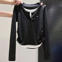 【天猫抖音好质量80-200斤可穿 整件套烫】大码女装假两件长袖t恤