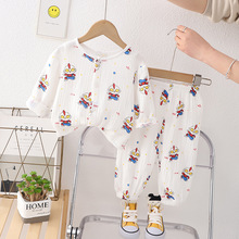 儿童薄款双层棉纱布睡衣婴儿夏季女童家居服男宝宝长袖空调服套装