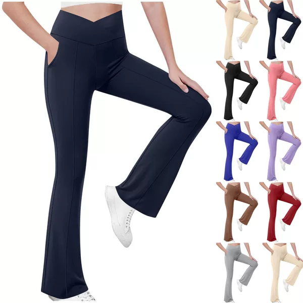 New Cross-Border Girls' High-Waisted Cross-Over Flared Yoga Pants with Pockets, Children's Running Sports Flared Pants