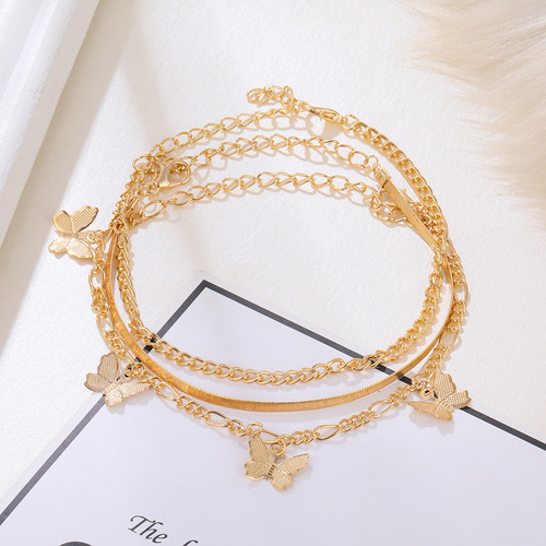 New Layered Chain Butterfly Pendant Ankle Chain, European and American Creative Alloy Metal Ankle Chain Set, Instagram Style