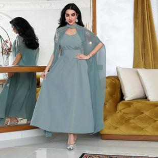 XQY500244 Amazon Cross Border Muslim Women's Dress Sequins Tassel Rhinestone Robe Shawl dress
