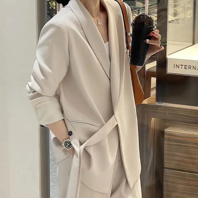 Lace-Up Suit Set, Two-Piece Women's Suit, 2024 Spring and Autumn New Style, Versatile Korean Style Elegant Suit for Women with Patchwork Design