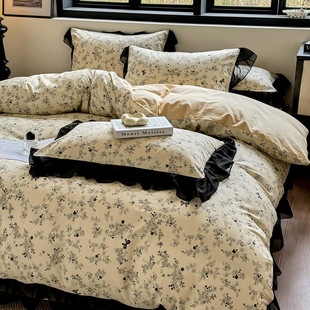 French Hepburn Style 2025 New Four-Piece Set of Pure Cotton Retro Floral Black Lace Quilt Cover Bedding Wholesale