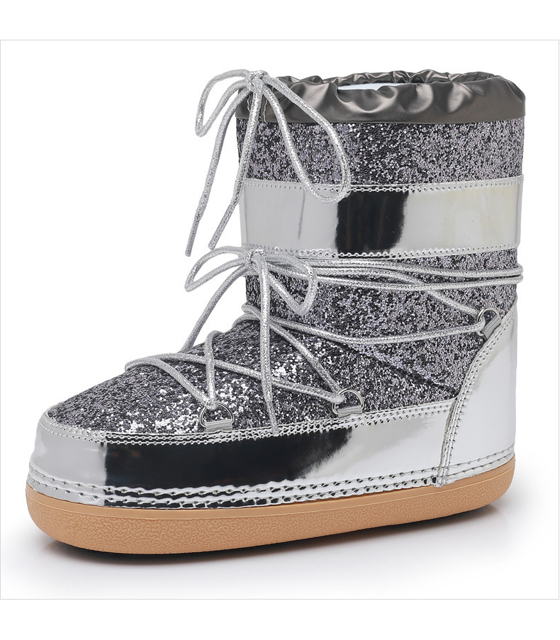 NOKOMETA European And American Winter Space Boots Platform Sequined Bread Short Boots Snow Boots Women's Tide Ski Shoes Straps 2025_voghion.com