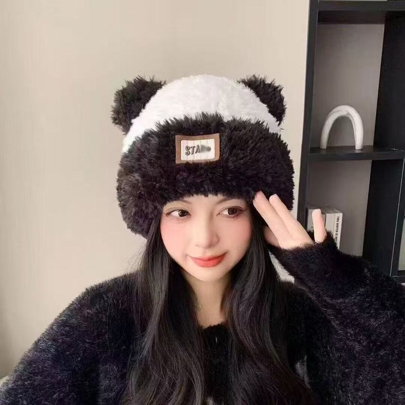 可爱小熊耳朵毛绒帽女冬季保暖大头围针织帽毛线帽百搭护耳显脸小|undefined