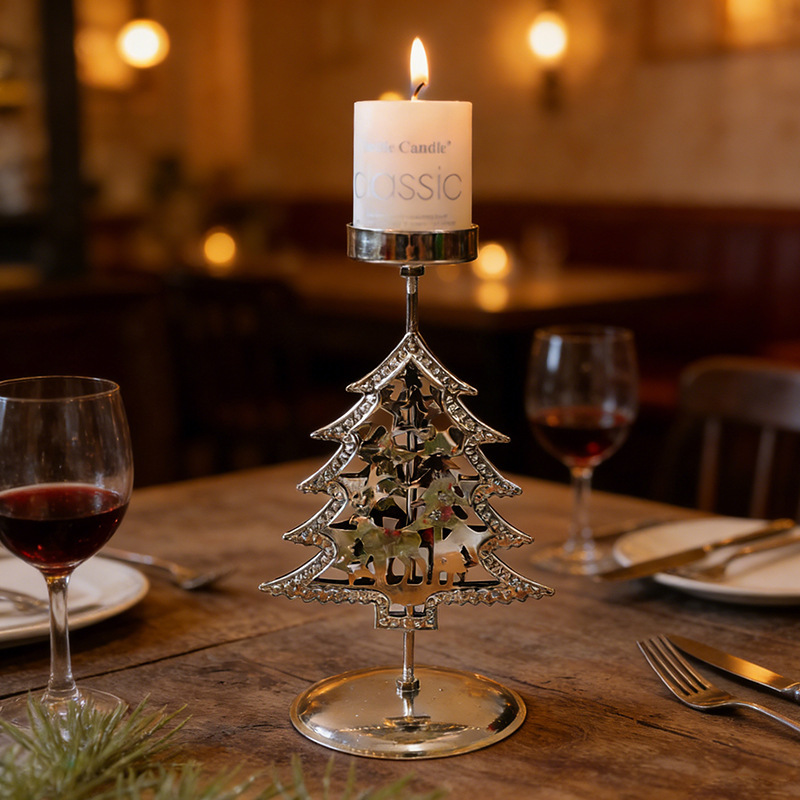 Christmas Candlestick Set Decorations, Golden Iron Candle Tray, Reindeer, Christmas Tree, Holiday Creative Tabletop Ornaments