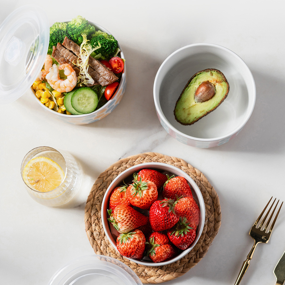 Juego de cuencos de conservación frescos sellados de cerámica, horno microondas, cuencos de regalo de cerámica, cuencos de fideos instantáneos, stock al por mayor