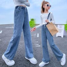 跨境外贸童装2023新款女童牛仔裤秋款中大童直筒裤女孩韩版阔腿裤