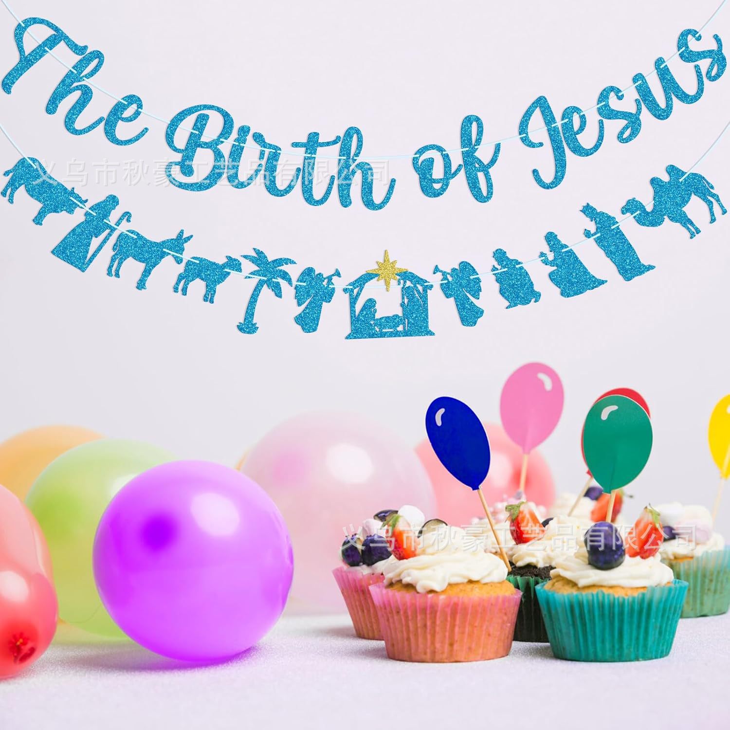 Baby Shower Baby String Bandera Azul Bienvenido pequeño hombre polvo brillante