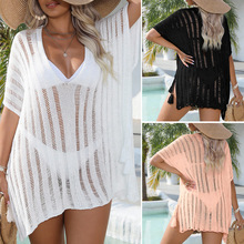 欧美大码春夏新款镂空针织衫宽松比基尼外搭泳衣罩衫沙滩防晒衣女