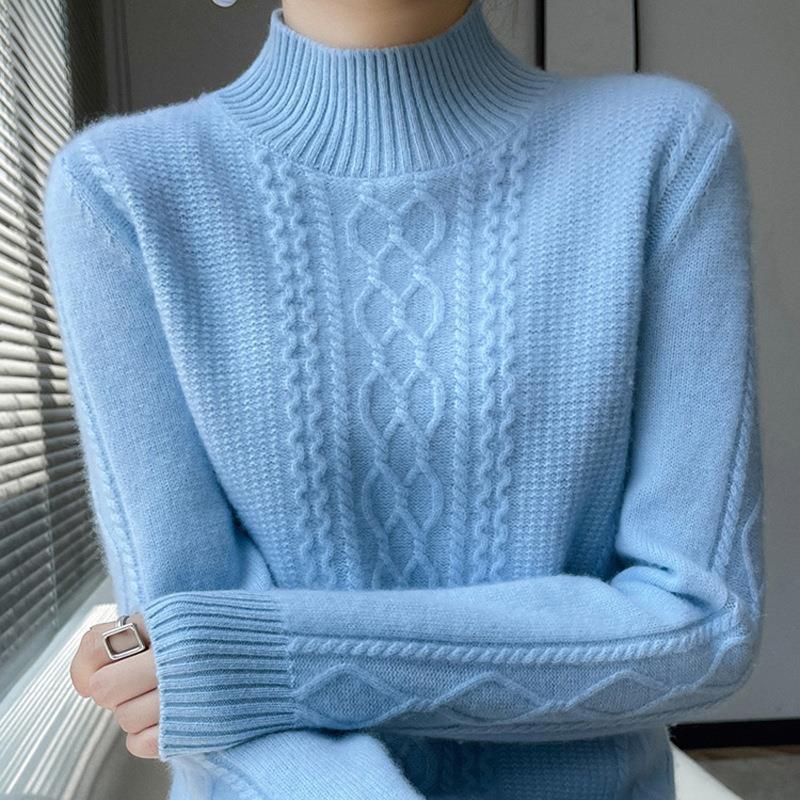 【 Cashmere Family 】 Half high neck short style diamond grid loose wool base women's thick knit sweater inner layer_voghion.com