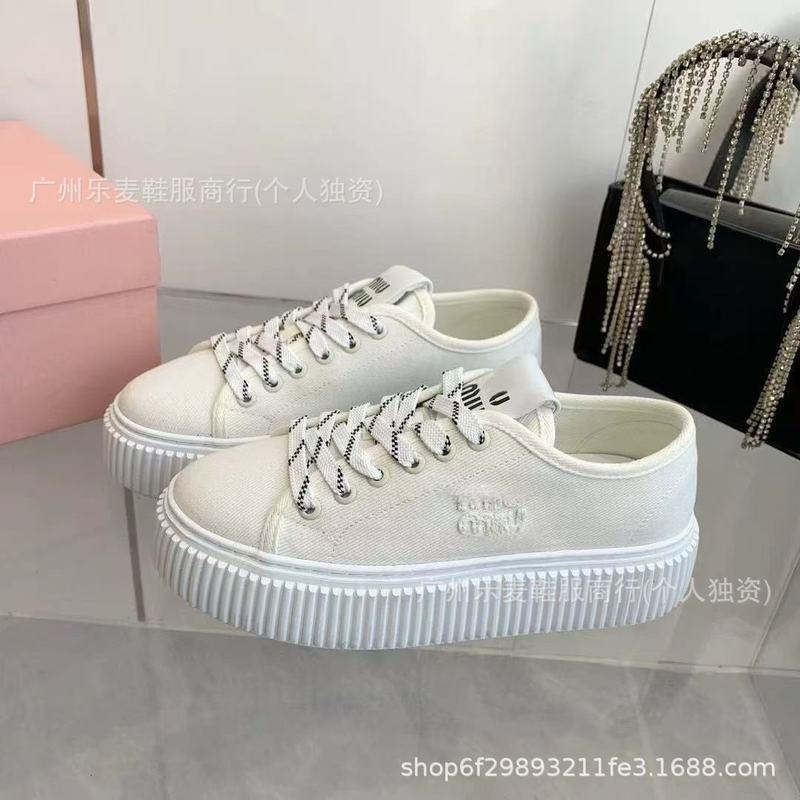 高品质~miu家新款厚底饼干帆布板鞋懒人一脚蹬休闲后空半拖小白鞋|undefined