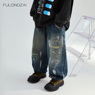 FULONGZAI Parent-Child Children's Wear 2024 Autumn and Winter Boys and Girls New Large Children's Loose Children's Denim Trousers