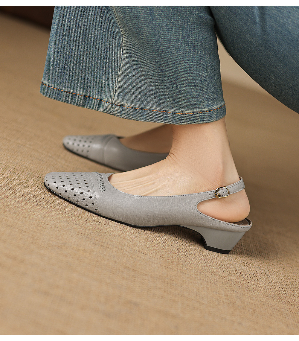 Sandal nữ gót thấp 3.5 cm mũi kín quai ngang khóa một chữ — Sương mù xanh chi tiết 10