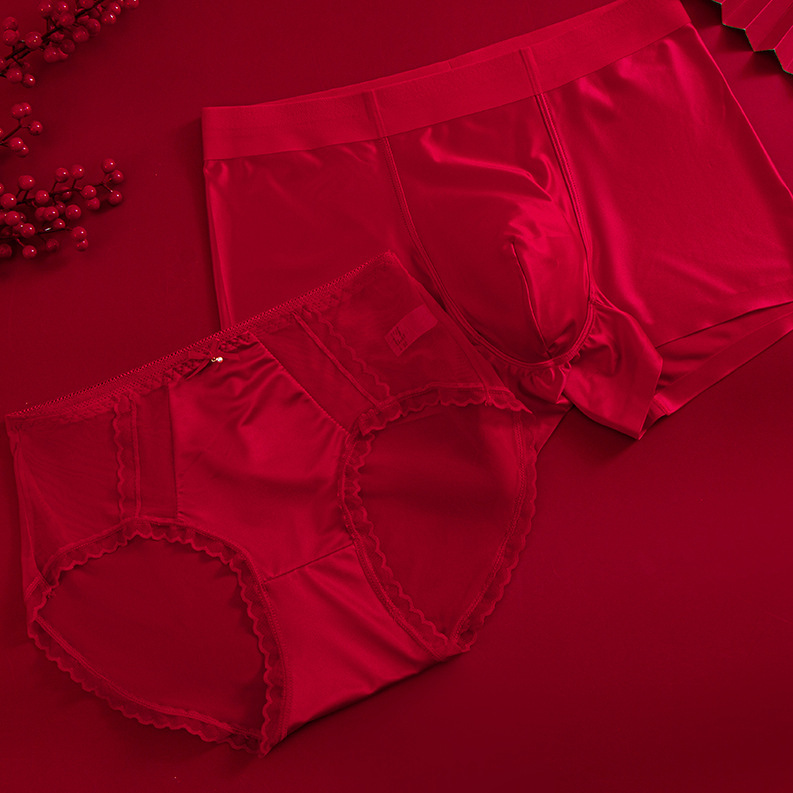 Seamless Satin Couple Underwear Red Lace Mid-Waist One Man and One Woman Wedding Year of the Horse Red Suit Mesh New Year Seamless Satin Couple Underwear Red Lace Mid-Waist One Man and One Woman Wedding Year of the Horse Red Suit Mesh New Year