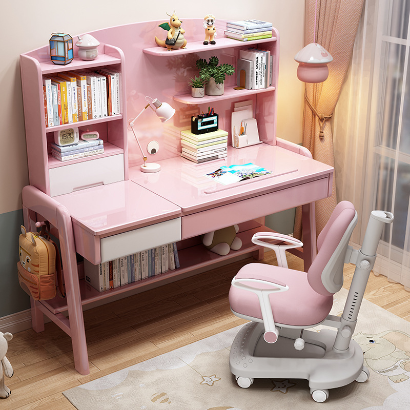 Children's Study Table Boys and Girls Desk Home Bedroom Primary and Secondary School Students Writing Desk Chair Liftable Solid Wood Desk