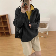 慵懒风撞色假两件毛衣女秋冬新款拉链半开襟套头保暖针织衫外套潮