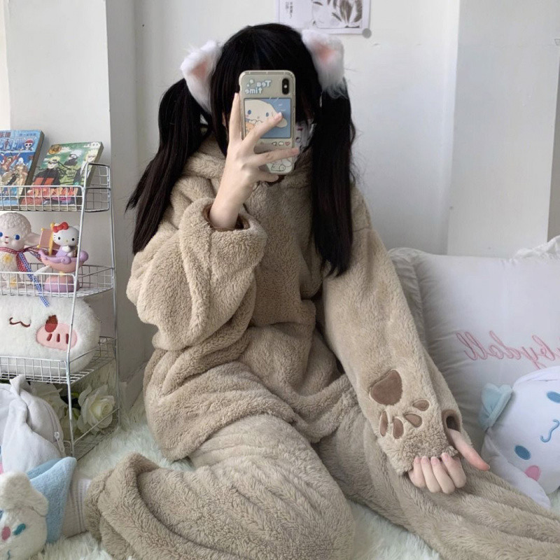 (2개) INS 귀여운 곰 보물 산호 양털 잠옷 여성의 겨울 기모 두꺼운 따뜻한 플란넬 한국식 홈웨어 세트