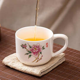 十二花神杯羊脂玉茶杯品茗杯带把主人杯家用办公白瓷喝茶logo商务