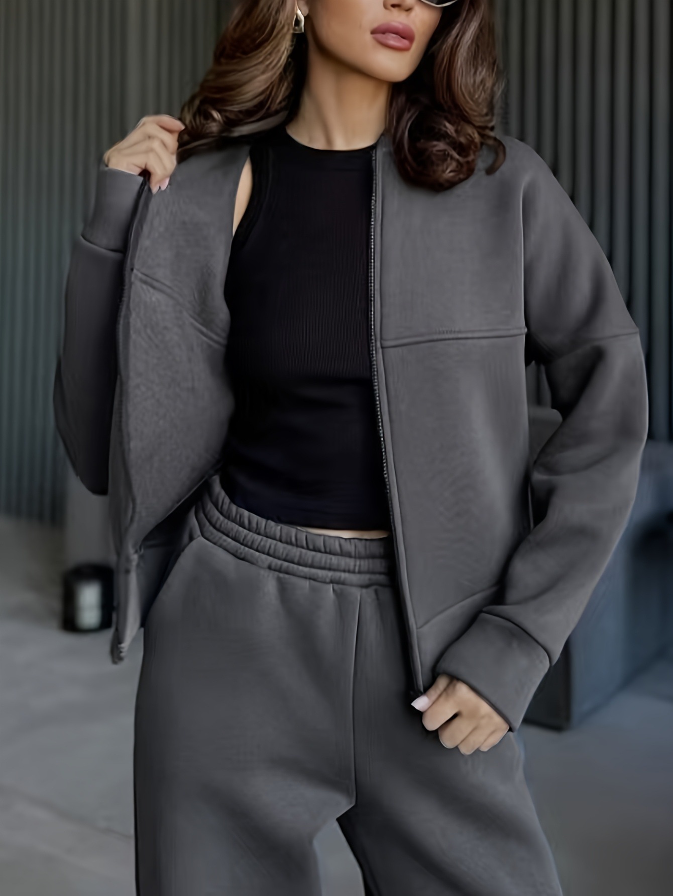 Große Größen Damen Sportswear Set Jacke Mit Gerader Hose_voghion.com